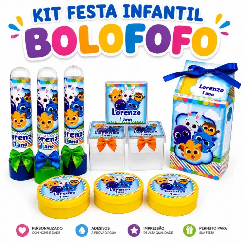Kit Festa Bolofofo Personalizado 40 peças - Lembrancinhas Infantil com Nome e Idade