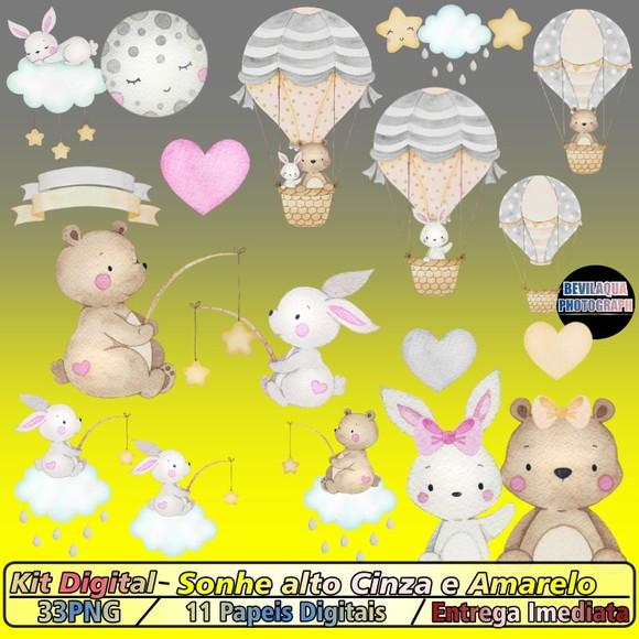 Kit Digital Sonhe Alto Cinza E Amarelo Aquarela