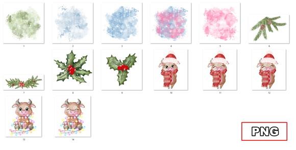 Kit Digital Touro Natalino Cute Aquarela