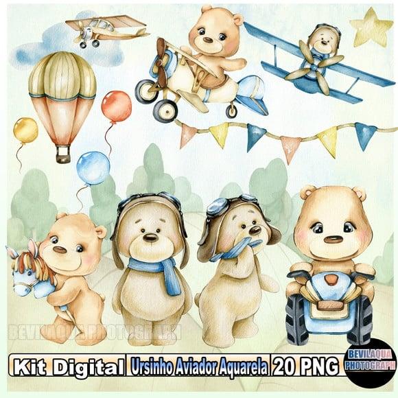 Kit Digital Ursinho Aviador Aquarela