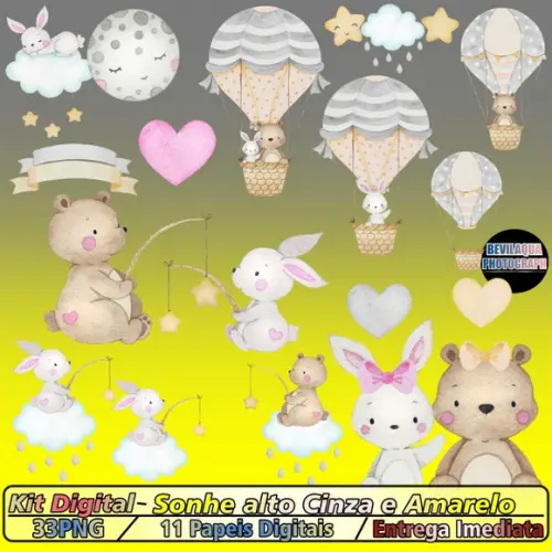 Kit Digital Sonhe Alto Cinza E Amarelo Aquarela