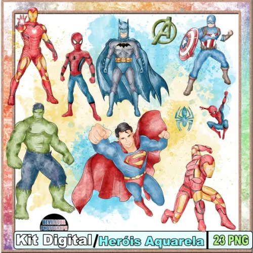 Kit Digital Super Heróis Aquarela