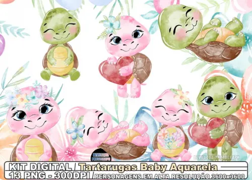Kit Digital Tartarugas Baby Aquarela