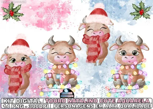 Kit Digital Touro Natalino Cute Aquarela