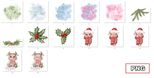 Kit Digital Touro Natalino Cute Aquarela