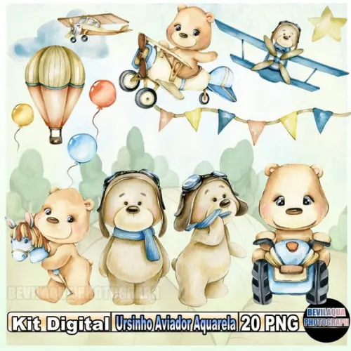 Kit Digital Ursinho Aviador Aquarela
