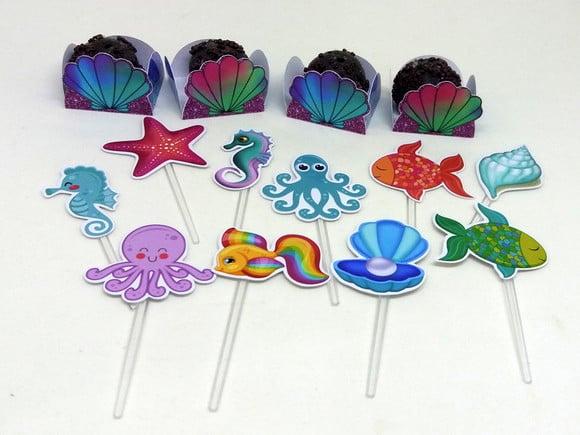 Kit Forminhas e Toper Docinhos com 60 Itens Fundo do Mar