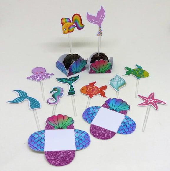 Kit Forminhas e Toper Docinhos com 60 Itens Fundo do Mar