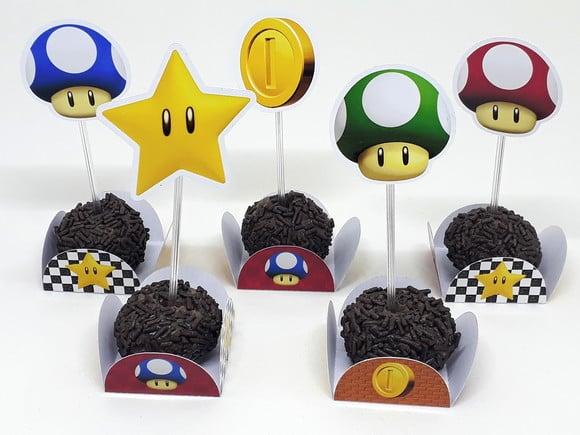 Kit Forminhas e Toper Docinhos com 60 itens Super Mario Bros