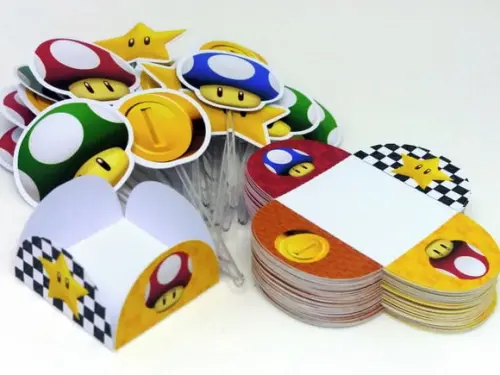 Kit Forminhas e Toper Docinhos com 60 itens Super Mario Bros