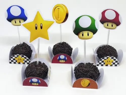 Kit Forminhas e Toper Docinhos com 60 itens Super Mario Bros
