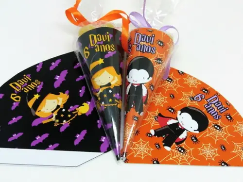 Cone Hallowen + Saquinho Celofane + Fita de Cetim