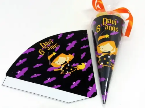 Cone Hallowen + Saquinho Celofane + Fita de Cetim