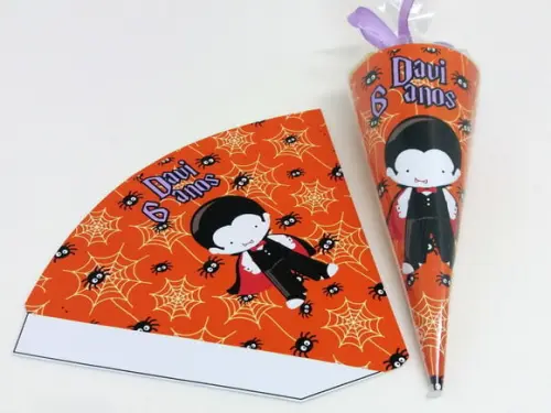 Cone Hallowen + Saquinho Celofane + Fita de Cetim