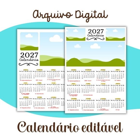 Calendário 2027 Editável no Canva