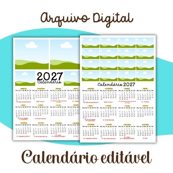 Calendário 2027 Editável no Canva