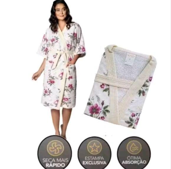 o Roupão Felpudo Quimono Feminino Estampado