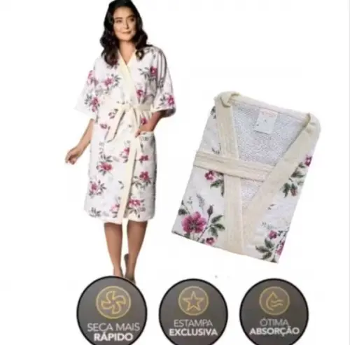 o Roupão Felpudo Quimono Feminino Estampado