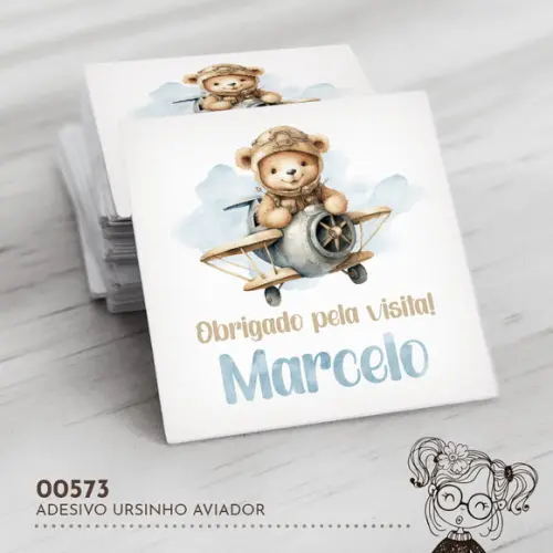 Adesivo Quadrado Ursinho Aviador - 00573