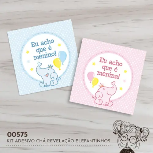 Kit Adesivos Quadrados Chá Revelação Elefantinhos - 00575
