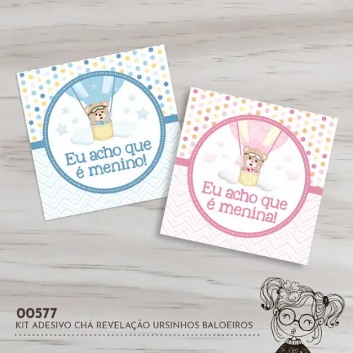 Kit Adesivos Quadrados Chá Revelação Ursinhos - 00577