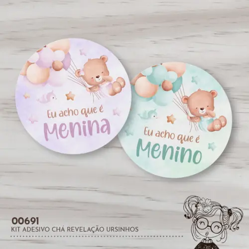Kit Adesivos Redondos Chá Revelação Ursinhos - 00691