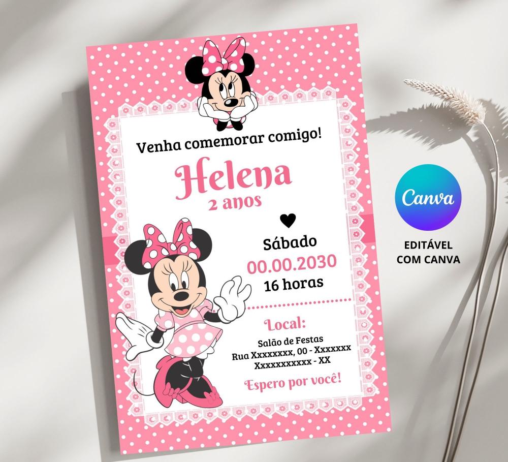 Convite Digital Minnie Rosa - Editável no Canva