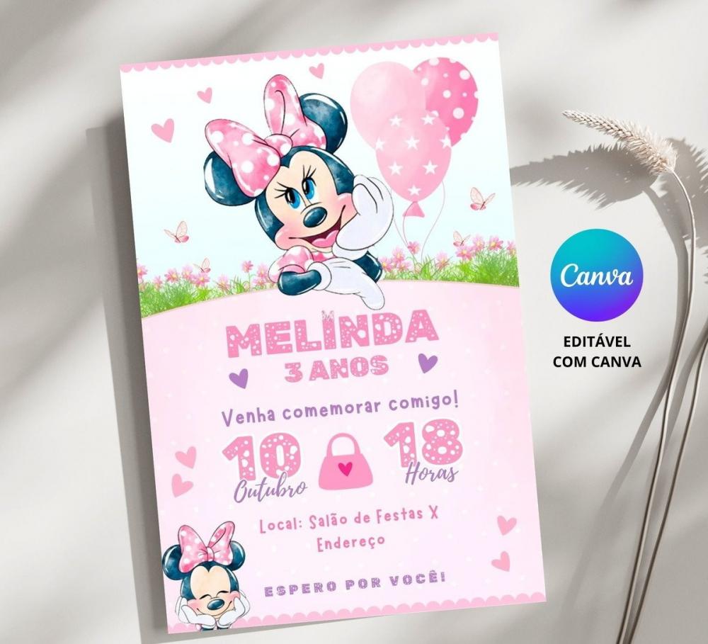 Convite Digital Minnie Rosa - Editável no Canva