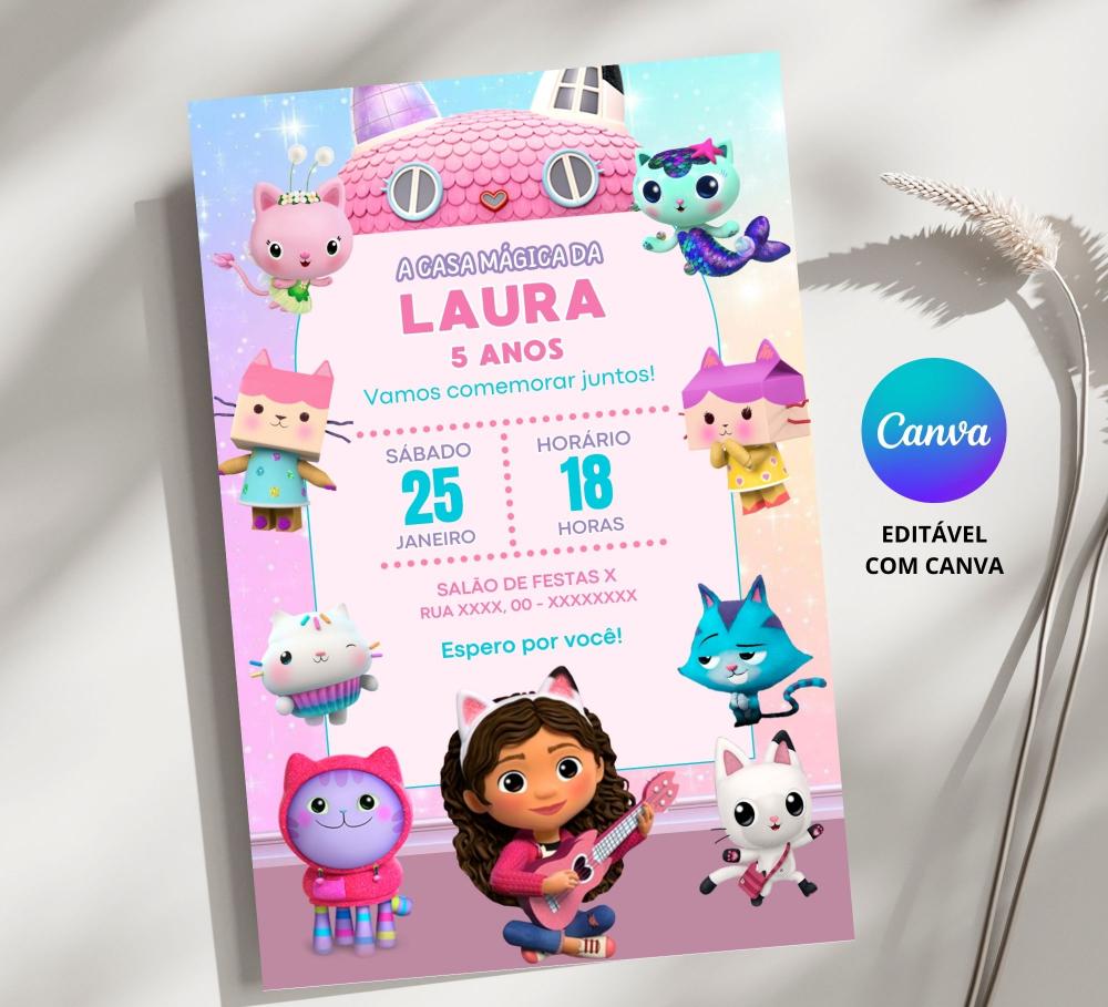 Convite Digital A casa Mágica da Gabby- Editável no Canva