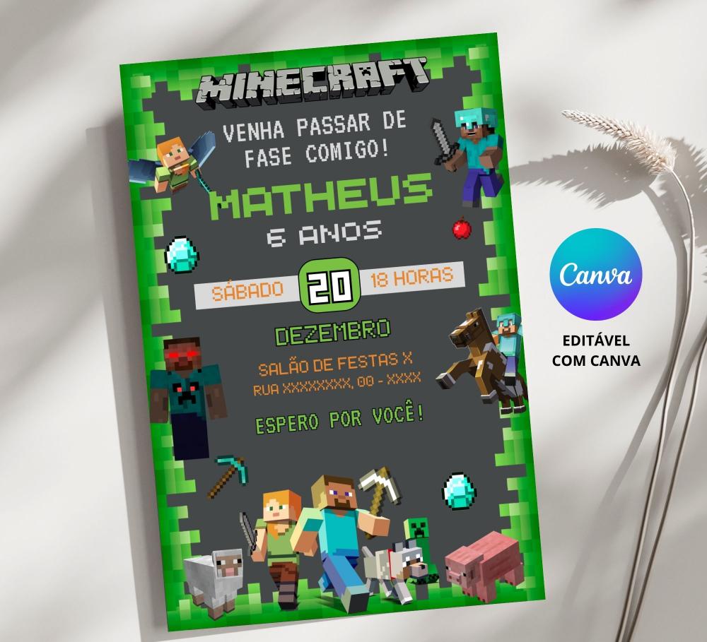 Convite Digital Minecraft - Editável no Canva