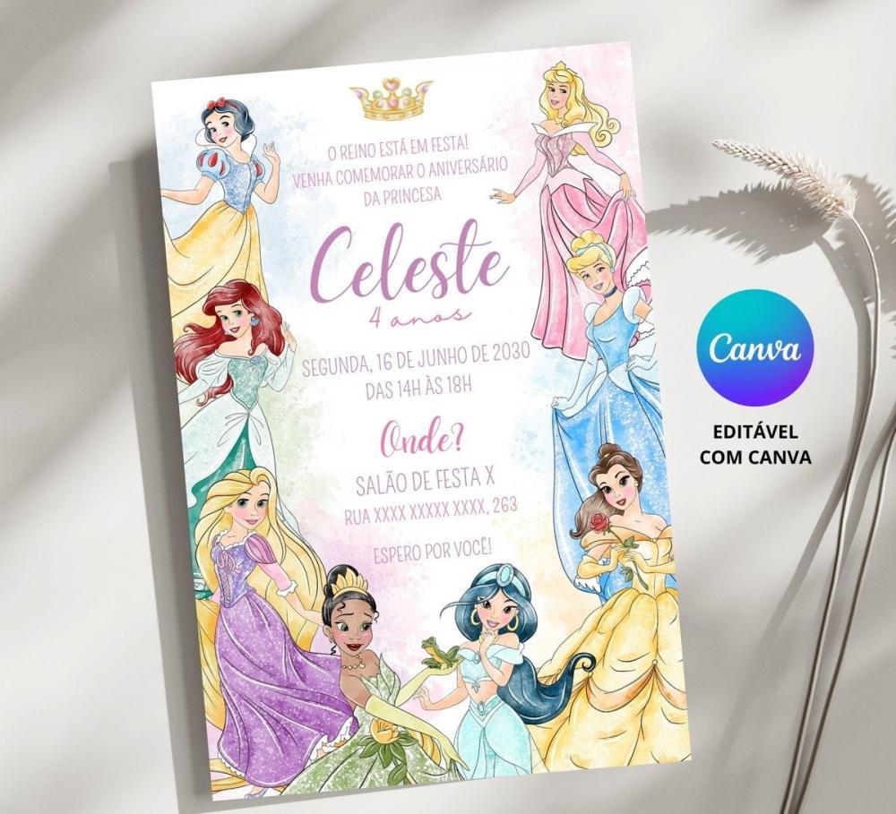 Convite Digital Princesas da Disney - Editável no Canva