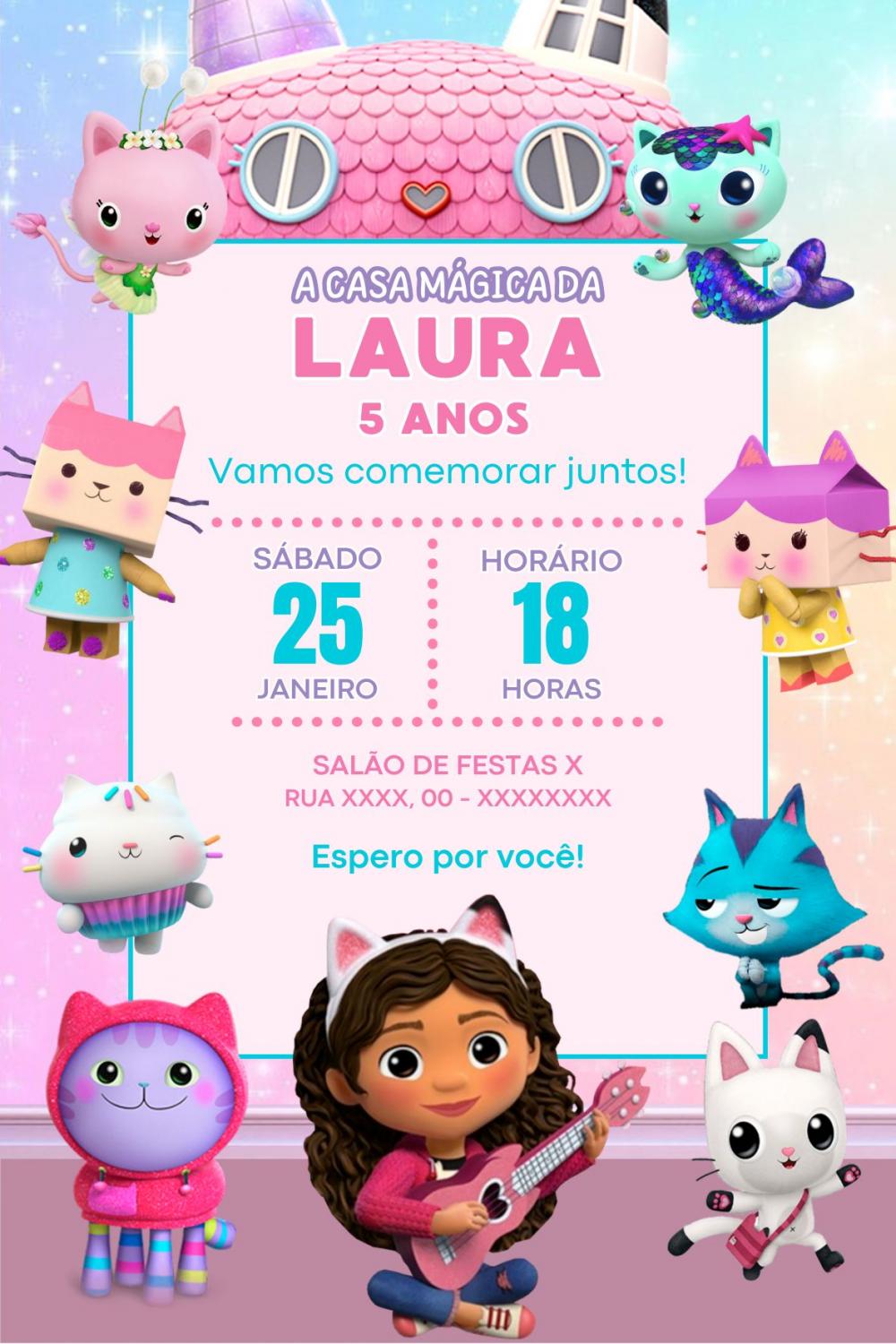 Convite Digital A casa Mágica da Gabby- Editável no Canva