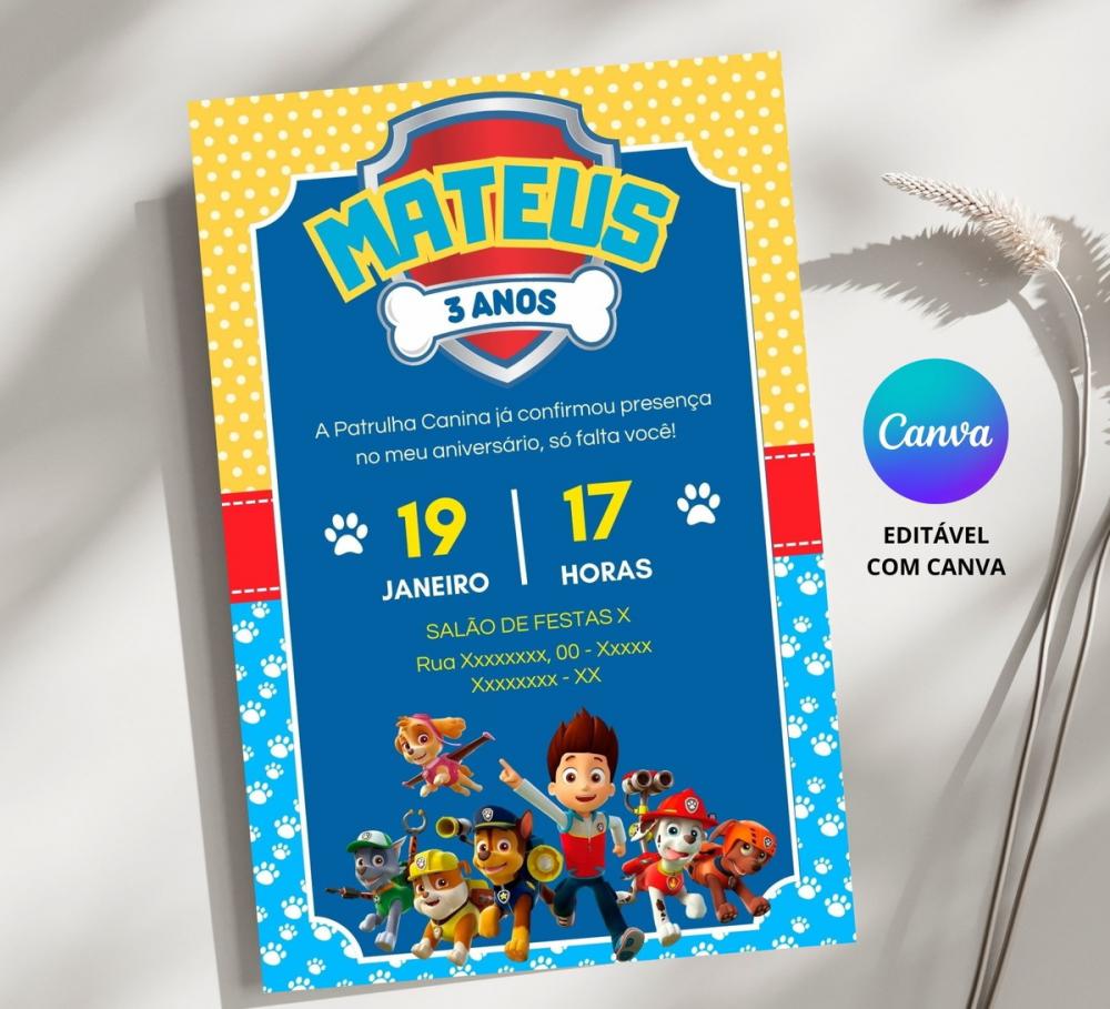 Convite Digital Patrulha Canina - Editável no Canva