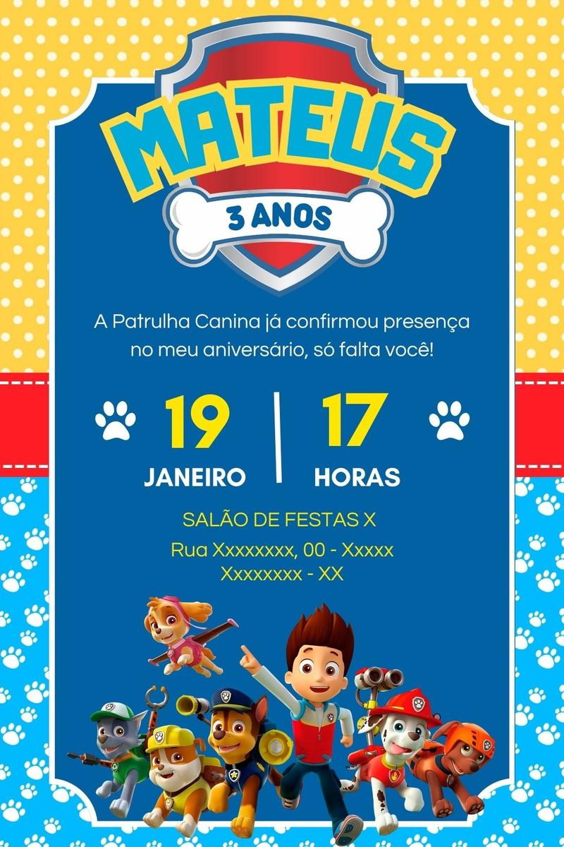 Convite Digital Patrulha Canina - Editável no Canva