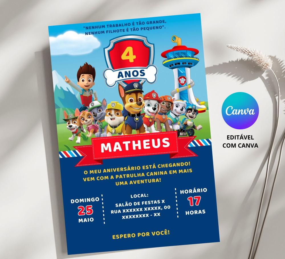 Convite Digital Patrulha Canina - Editável no Canva