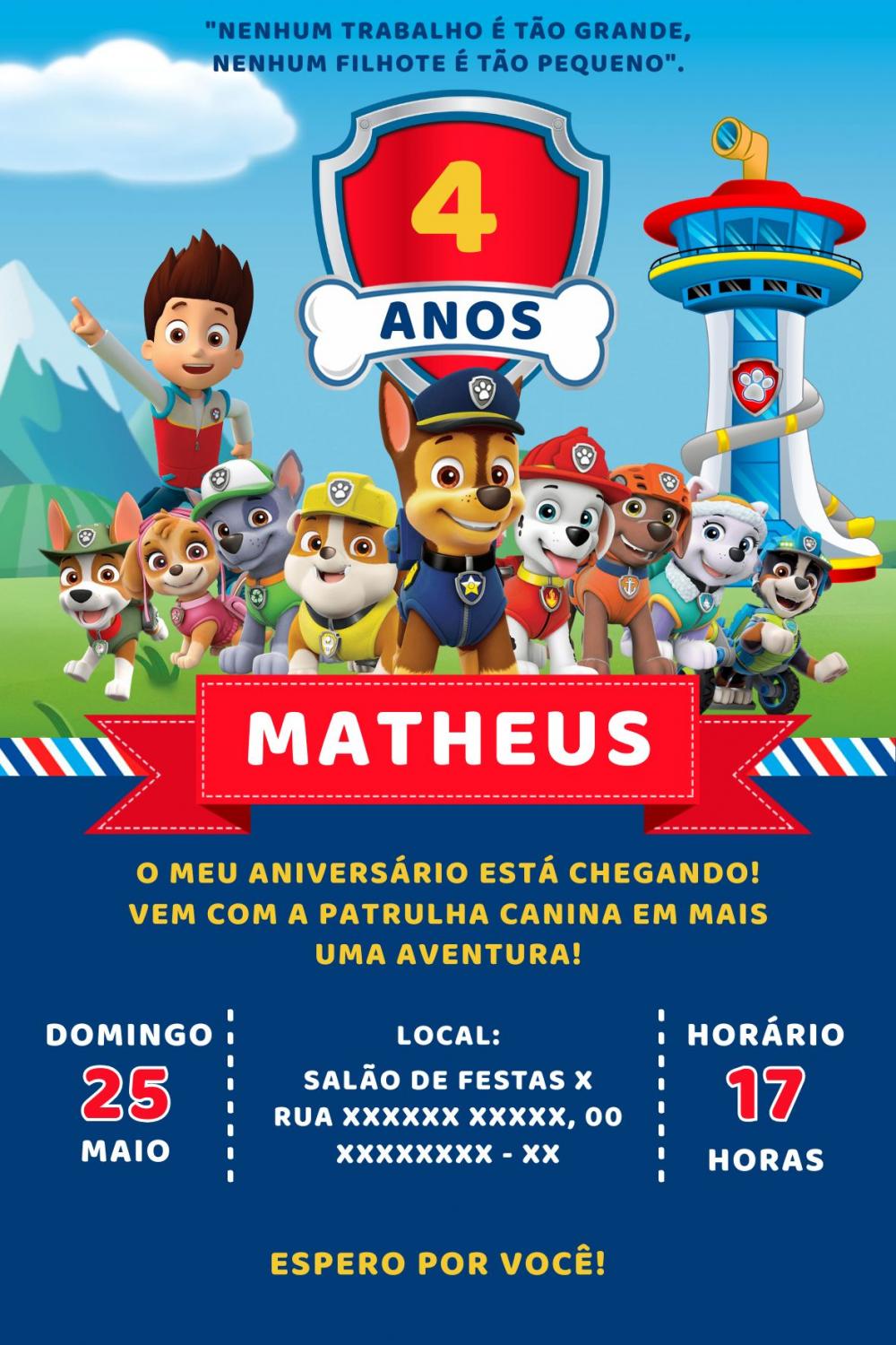Convite Digital Patrulha Canina - Editável no Canva