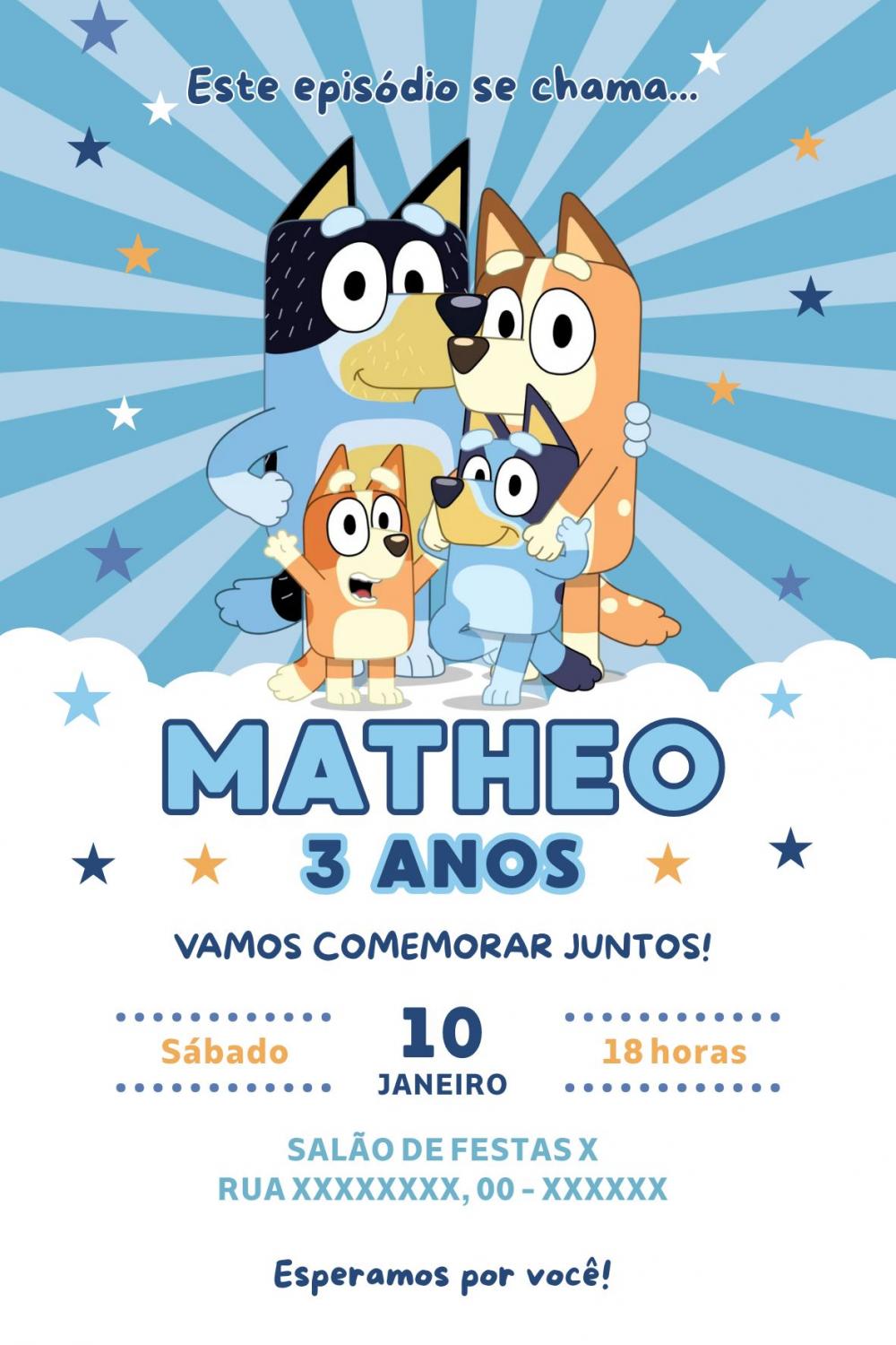 Convite Digital Bluey e Bingo - Editável no Canva