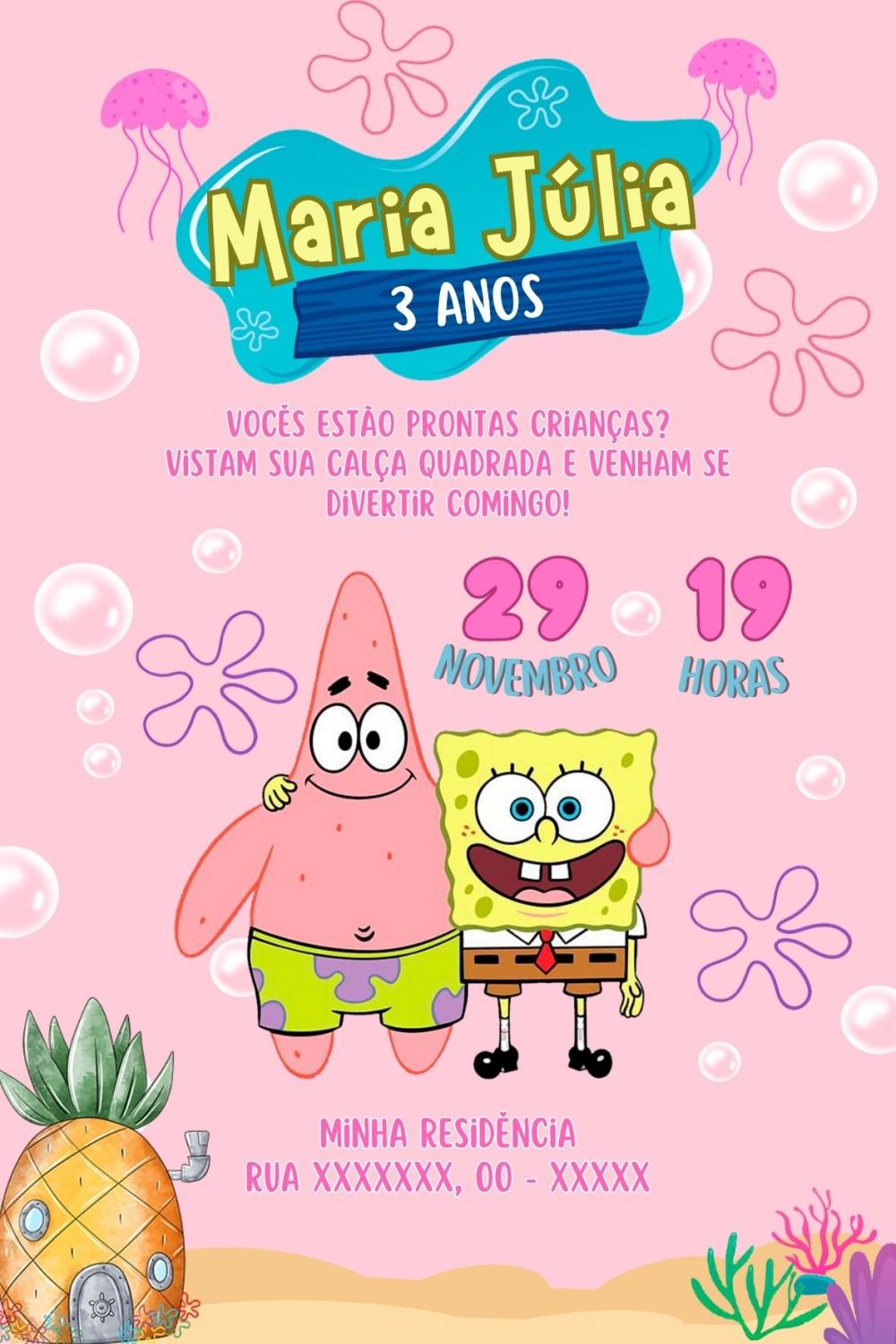 Convite Digital Bob Esponja Rosa - Editável no Canva