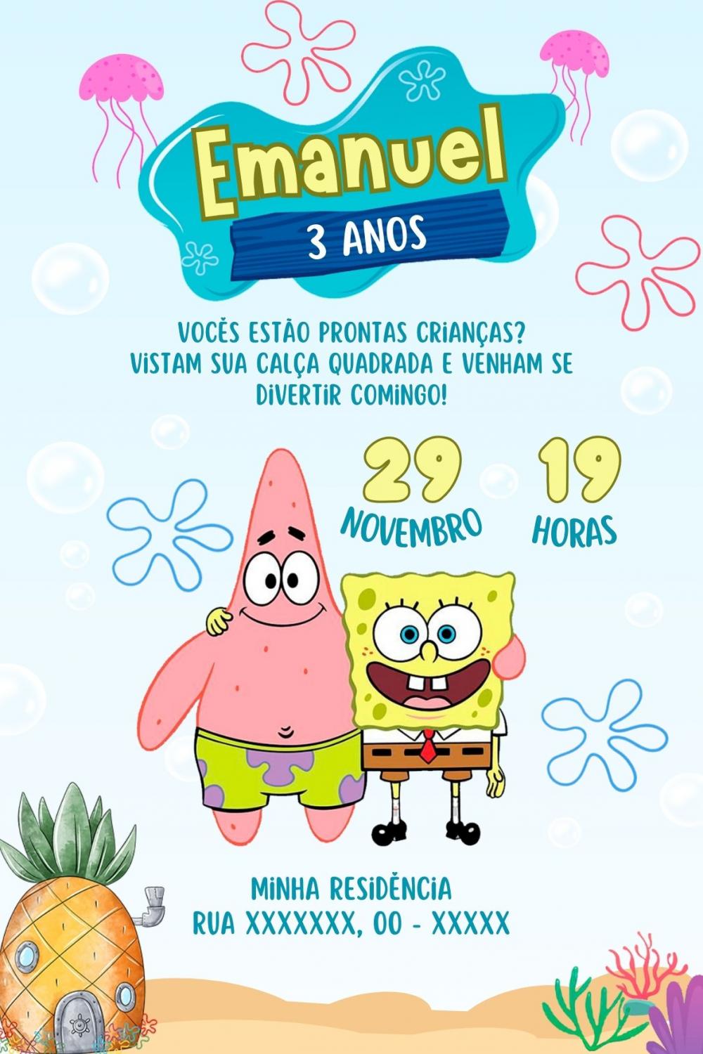 Convite Digital Bob Esponja - Editável no Canva
