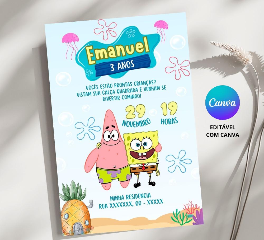 Convite Digital Bob Esponja - Editável no Canva