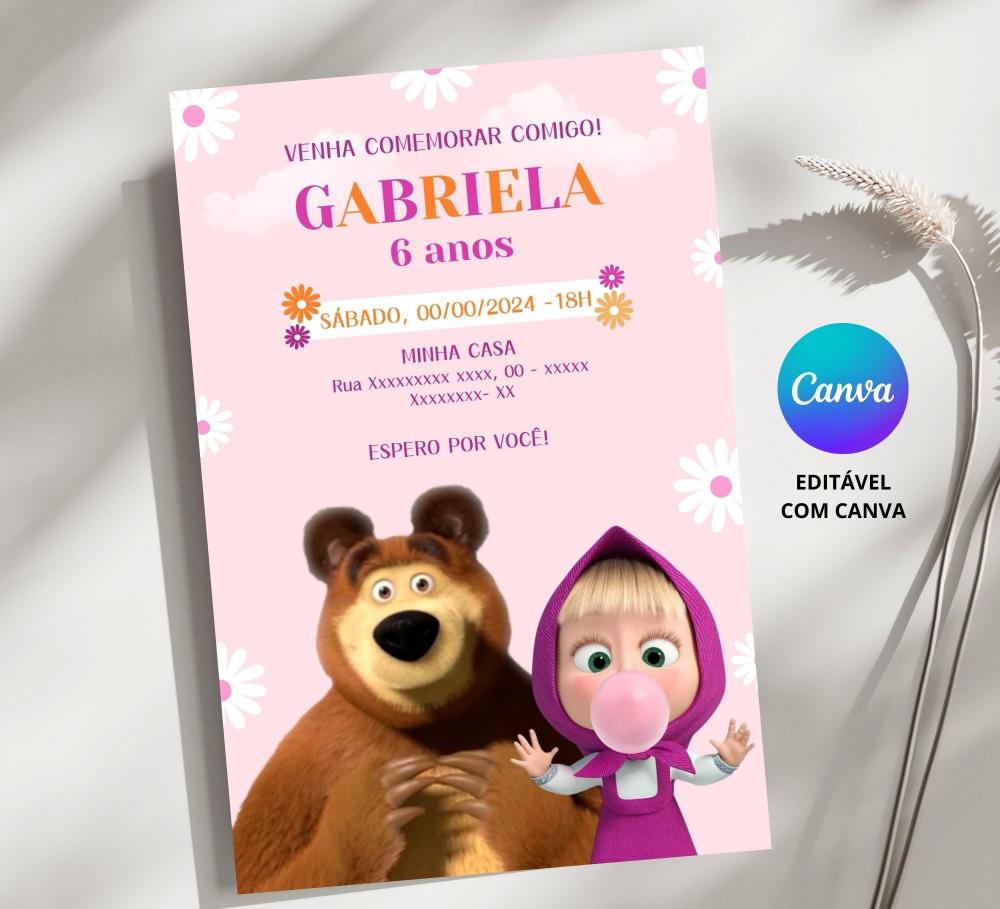 Convite Digital Masha e o Urso - Editável no Canva
