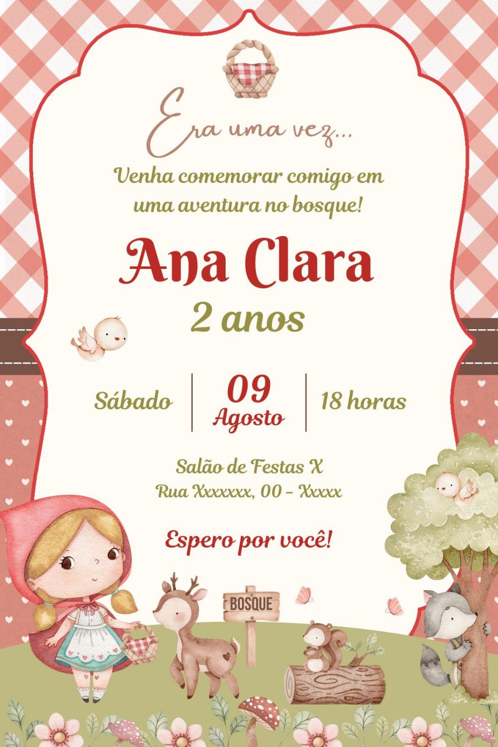 Convite Digital Chapeuzinho Vermelho - Editável no Canva