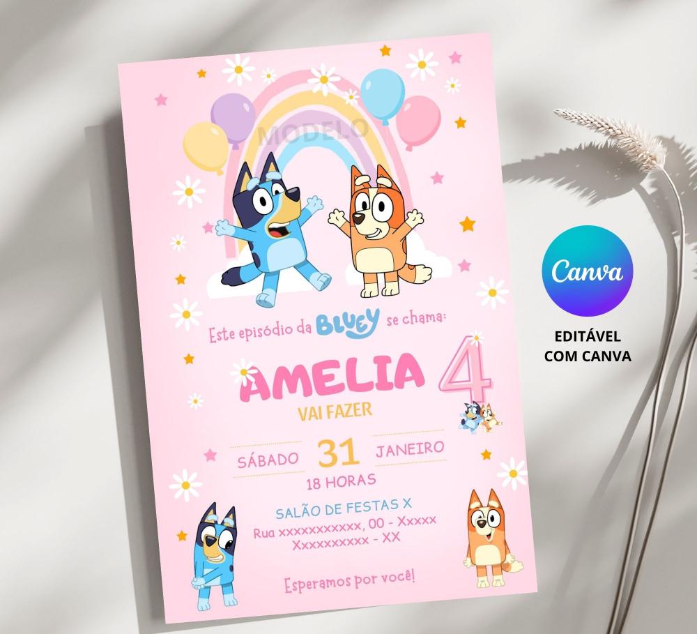 Convite Digital Bluey e Bingo - Editável no Canva