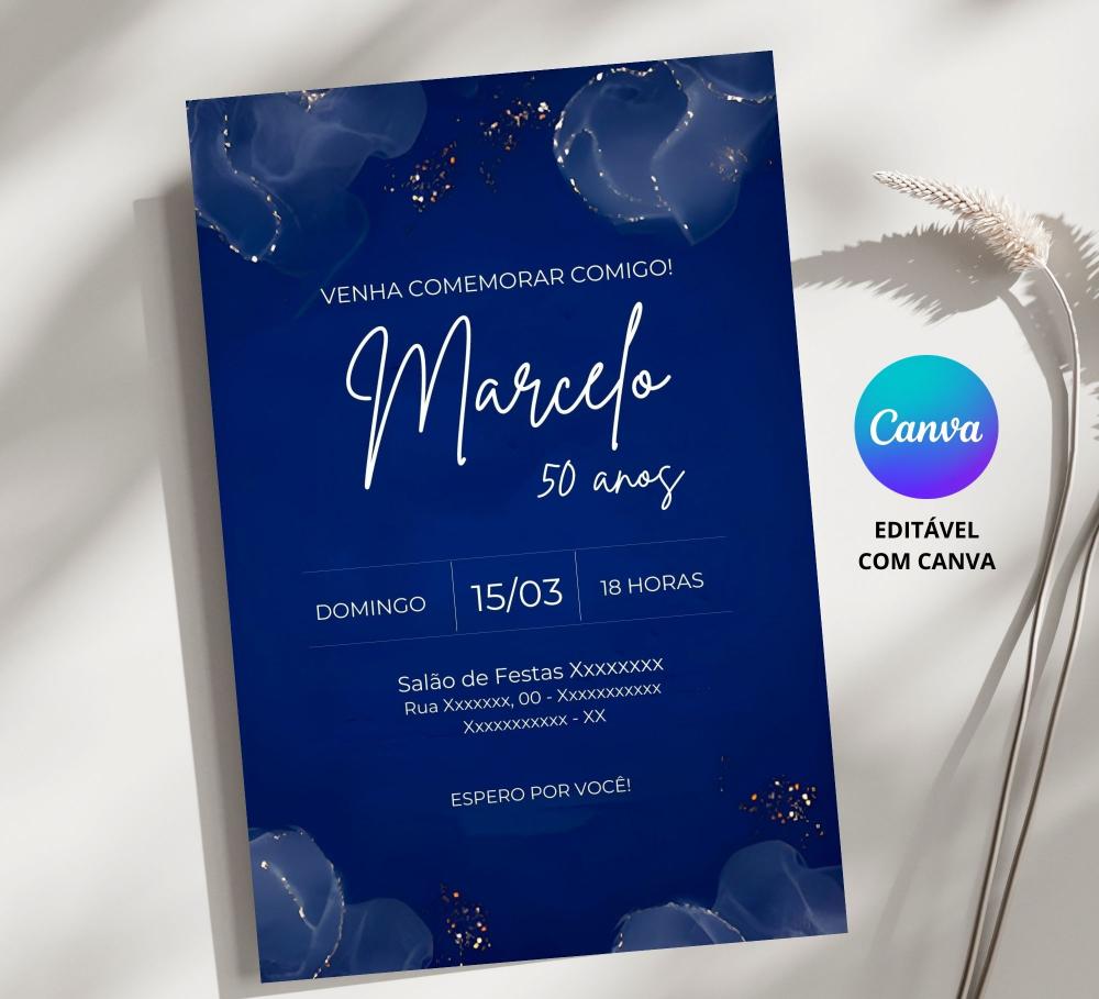 Convite Digital Masculino Azul - Editável no Canva