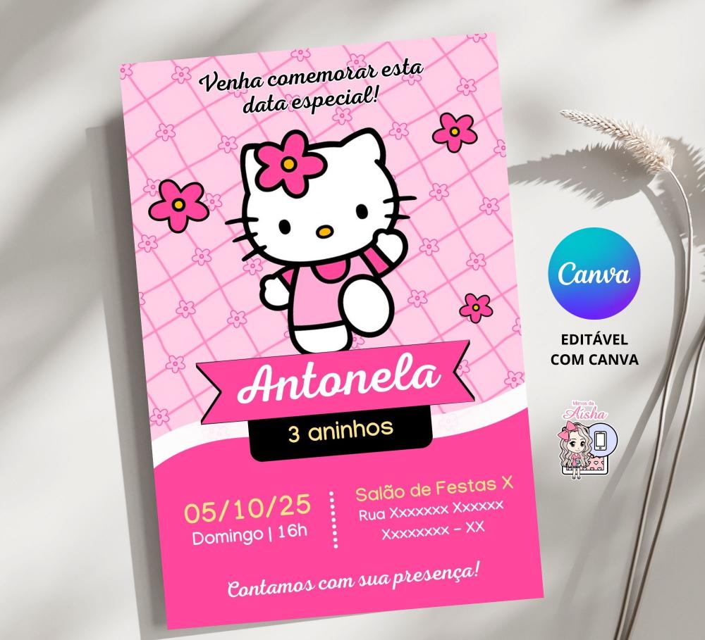 Convite Hello Kitty Digital Editável no Canva | Aniversário