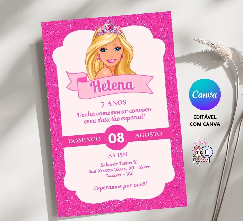 Convite Digital Barbie - Editável no Canva