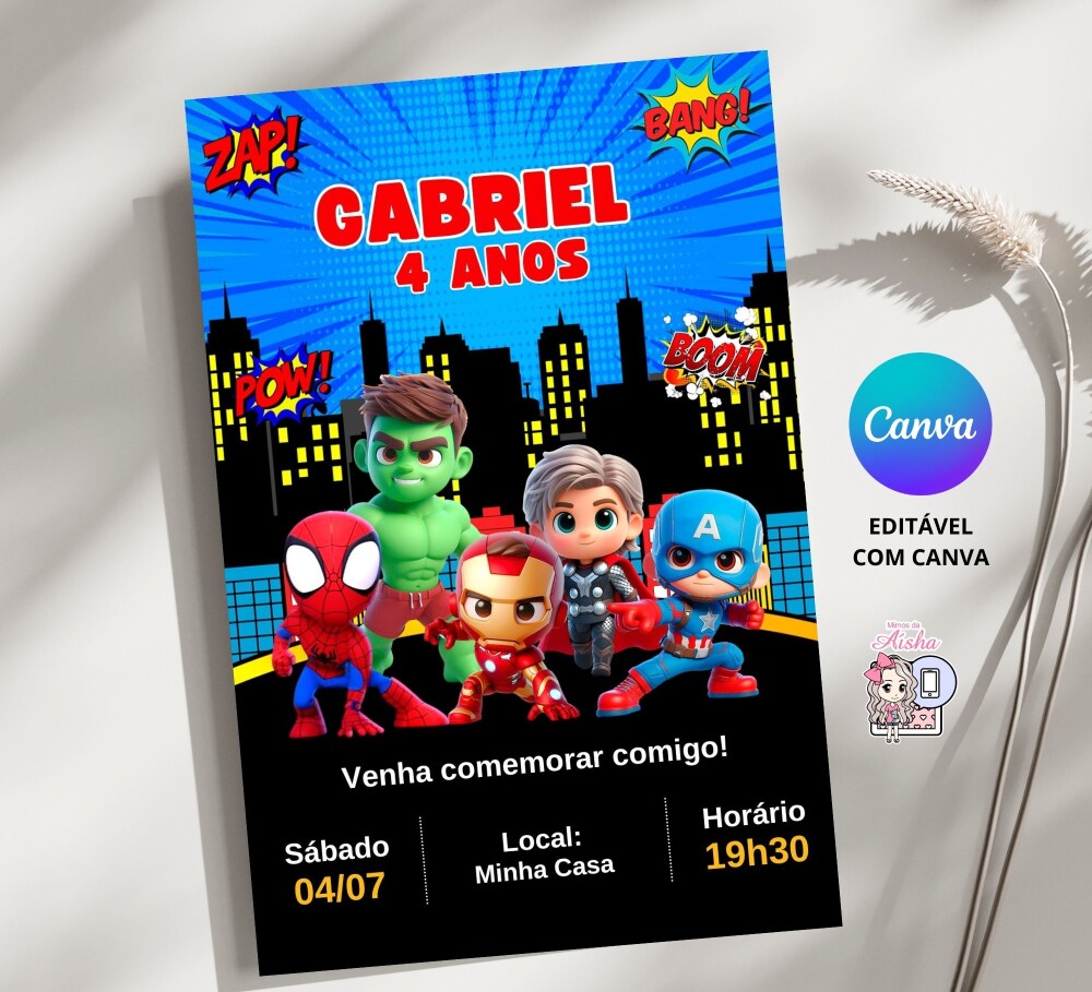 Convite Digital Vingadores Baby OU Heróis - Editável no Canva