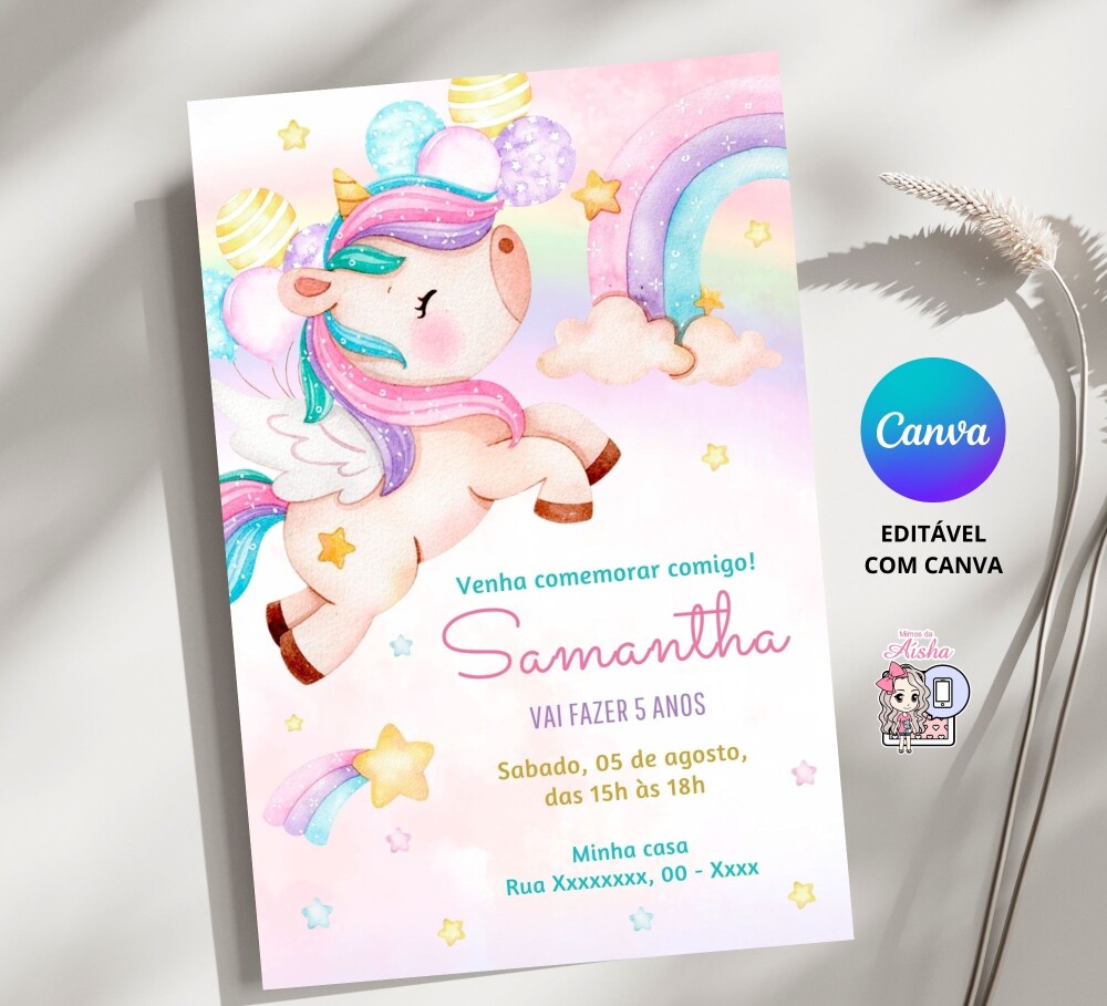 Convite Digital Unicórnio - Editável no Canva