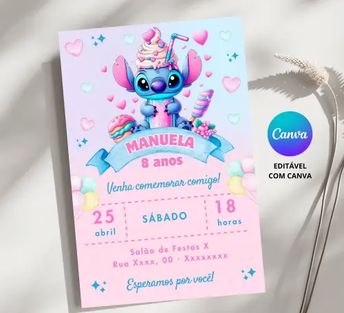 Convite Digital Stitch Doceria - Editável no Canva