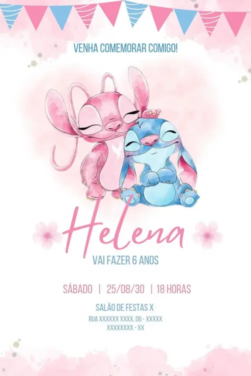 Convite Digital Stitch e Angel - Editável no Canva